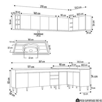 Armário De Cozinha Modulado De Canto 7 Peças Cp36 Com Pia Inox Castanho/cinza - Lumil
