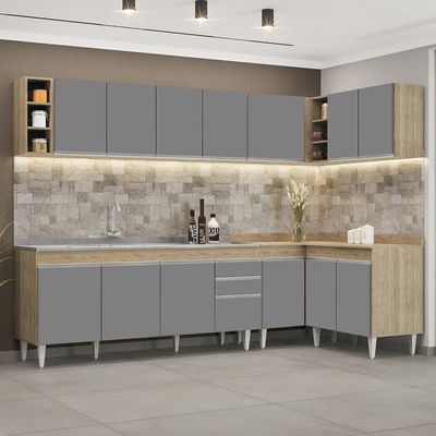 Armário De Cozinha Modulado De Canto 7 Peças Cp36 Com Pia Inox Castanho/cinza - Lumil