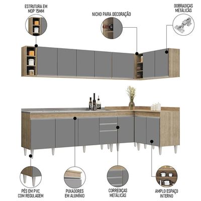 Armário De Cozinha Modulado De Canto 7 Peças Cp36 Com Pia Inox Castanho/cinza - Lumil