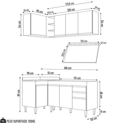 Armário De Cozinha Modulado De Canto Direito 4 Peças Cp38 Balcão Com Tampo Preto/cinza - Lumil