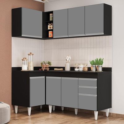 Armário De Cozinha Modulado De Canto Direito 4 Peças Cp38 Balcão Com Tampo Preto/cinza - Lumil