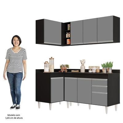 Armário De Cozinha Modulado De Canto Direito 4 Peças Cp38 Balcão Com Tampo Preto/cinza - Lumil