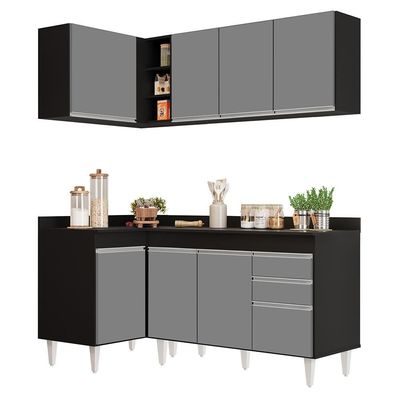 Armário De Cozinha Modulado De Canto Direito 4 Peças Cp38 Balcão Com Tampo Preto/cinza - Lumil