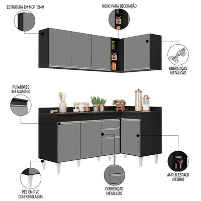 Armário De Cozinha Modulado De Canto Esquerdo 4 Peças Cp47 Balcão Com Tampo Preto/cinza - Lumil