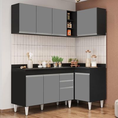 Armário De Cozinha Modulado De Canto Esquerdo 4 Peças Cp47 Balcão Com Tampo Preto/cinza - Lumil