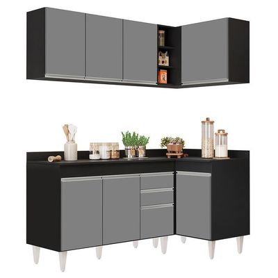 Armário De Cozinha Modulado De Canto Esquerdo 4 Peças Cp47 Balcão Com Tampo Preto/cinza - Lumil