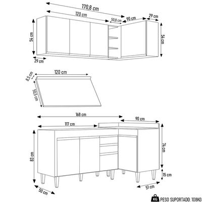 Armário De Cozinha Modulado De Canto Esquerdo 4 Peças Cp47 Balcão Com Tampo Preto/cinza - Lumil