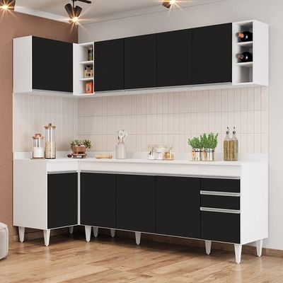 Armário De Cozinha Modulado De Canto Direito 5 Peças Cp44 Balcão Com Tampo Branco/preto - Lumil