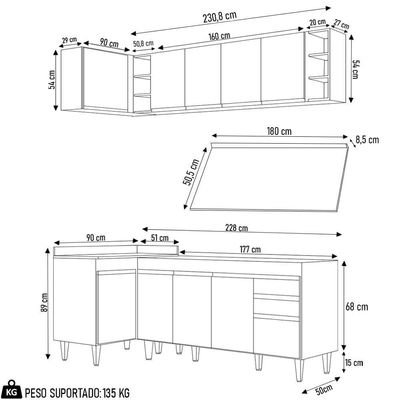 Armário De Cozinha Modulado De Canto Direito 5 Peças Cp44 Balcão Com Tampo Branco/preto - Lumil