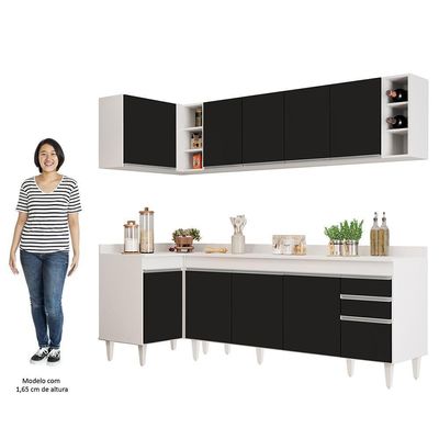 Armário De Cozinha Modulado De Canto Direito 5 Peças Cp44 Balcão Com Tampo Branco/preto - Lumil