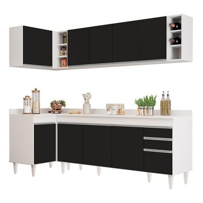 Armário De Cozinha Modulado De Canto Direito 5 Peças Cp44 Balcão Com Tampo Branco/preto - Lumil