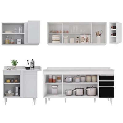 Armário De Cozinha Modulado De Canto Direito 5 Peças Cp44 Balcão Com Tampo Branco/preto - Lumil