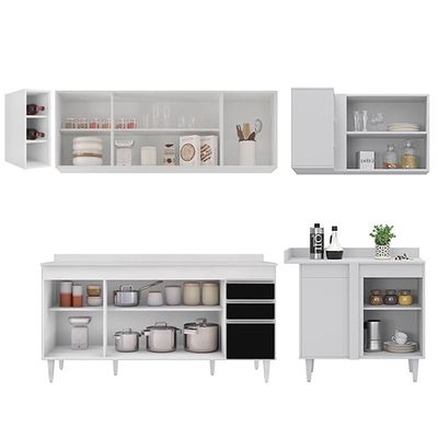 Armário De Cozinha Modulado De Canto Esquerdo 5 Peças Cp53 Balcão Com Tampo Branco/preto - Lumil