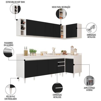 Armário De Cozinha Modulado De Canto Esquerdo 5 Peças Cp53 Balcão Com Tampo Branco/preto - Lumil