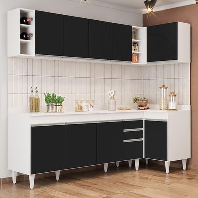 Armário De Cozinha Modulado De Canto Esquerdo 5 Peças Cp53 Balcão Com Tampo Branco/preto - Lumil