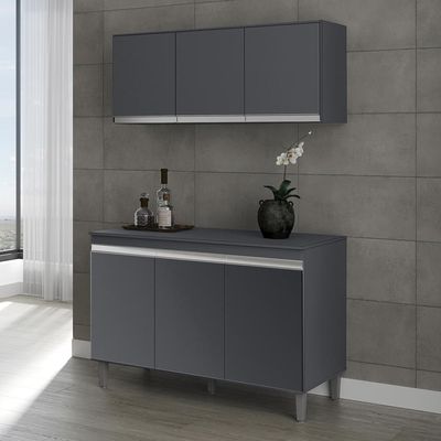 Kit Cozinha Balcão Manu 120cm Com Tampo Mdp E Aéreo Andréia Cinza - Ajl Móveis Cinza