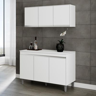 Kit Cozinha Balcão Manu 120cm Com Tampo Mdp E Aéreo Andréia Branco - Ajl Móveis Branco