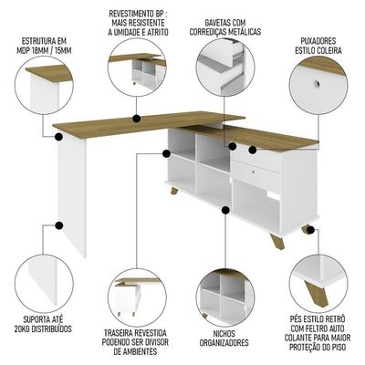 Mesa Escrivaninha Em L Golden E Estante Livreiro Stela A06 Olmo-branco - Mpozenato