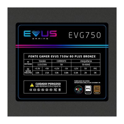 Fonte Atx Gamer Evus Evg750 Argb 750w 80 Plus Bronze