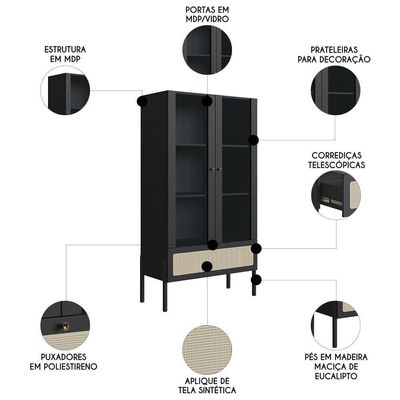 Cristaleira 2 Portas De Vidro Pés Madeira Arlo A10 Nero-preto - Mpozenato