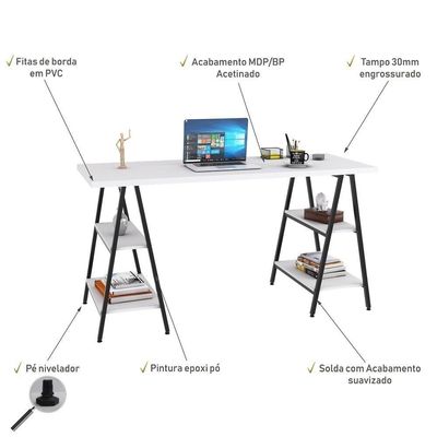Mesa Escrivaninha Cavalete 150cm Estilo Industrial Prisma C08 Branco Chess-preto - Mpozenato