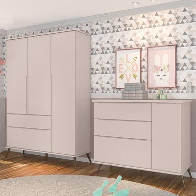 Jogo De Quarto Infantil Guarda Roupa E Cômoda 100% Mdf Melinda Rosê - Phoenix