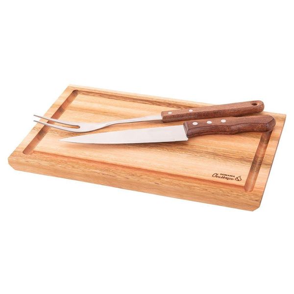 Kit Churrasco 3 Peças Garfo Faca Inox Tábua Essence