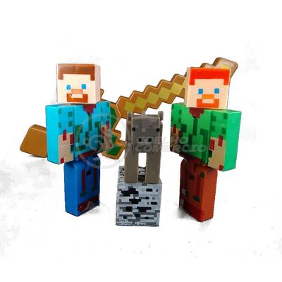 Kit Cartelado Minecraft 2 Bonecos + 1 Espada Minecraft 31Cm