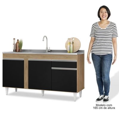 Armário Aéreo Argélia E Balcão Gabinete Com Pia Inox 150cm Dakota Castanho-preto - Lumil