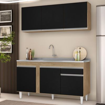 Armário Aéreo Argélia E Balcão Gabinete Com Pia Inox 150cm Dakota Castanho-preto - Lumil