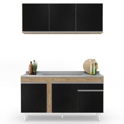 Armário Aéreo Argélia E Balcão Gabinete Com Pia Inox 150cm Dakota Castanho-preto - Lumil
