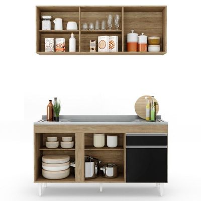 Armário Aéreo Argélia E Balcão Gabinete Com Pia Inox 150cm Dakota Castanho-preto - Lumil