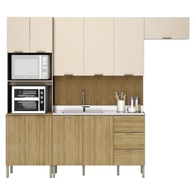Armário De Cozinha Completa Com Balcão Para Pia 10 Portas Glam Freijó-vanilla-com Ripado