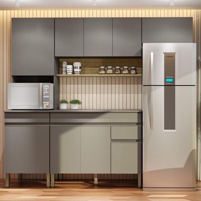 Armário De Cozinha Completa 120 Com Balcão Com Tampo 9 Portas Line Freijó Gris