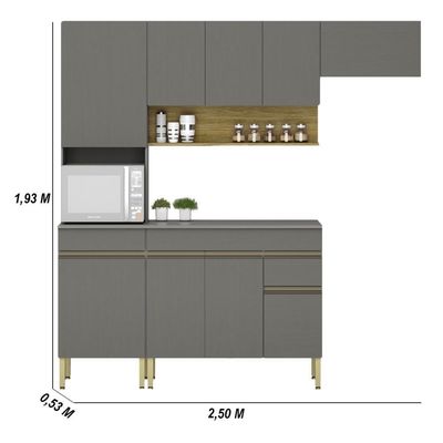 Armário De Cozinha Completa 120 Com Balcão Com Tampo 9 Portas Line Freijó Gris