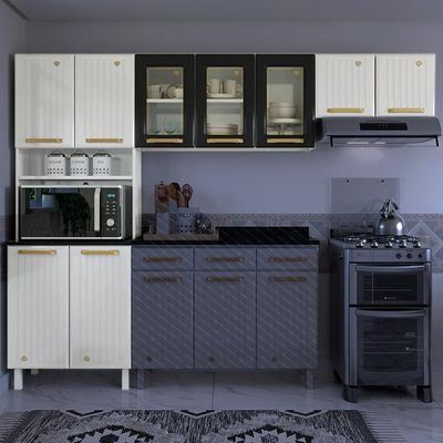 Cozinha Compacta Aço 3 Peças Com Armário Para Forno-micro-ondas Multimóveis Cr20367 Branco-preto