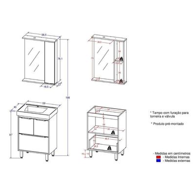 Gabinete De Banheiro Com Cuba E Espelheira Com Led 59cm Multimóveis Cr10130 Branco-legno Crema