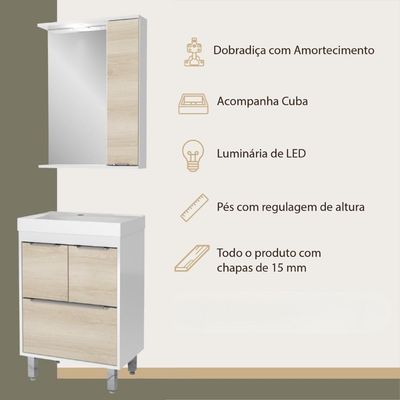 Gabinete De Banheiro Com Cuba E Espelheira Com Led 59cm Multimóveis Cr10130 Branco-legno Crema