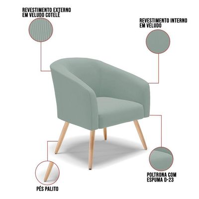 Poltrona Decorativa Pé Palito Natural Stella Cotelê Ext/veludo Menta D03 - D'rossi