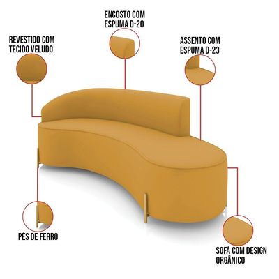 Sofá 4 Lugares Orgânico 220cm Pé Ferro Dourado Morgan Veludo Mostarda D03 - D'rossi