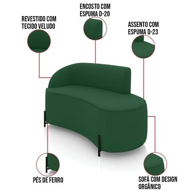 Sofá 2 Lugares Orgânico 140cm Pé Ferro Preto Morgan Veludo Verde D03 - D'rossi