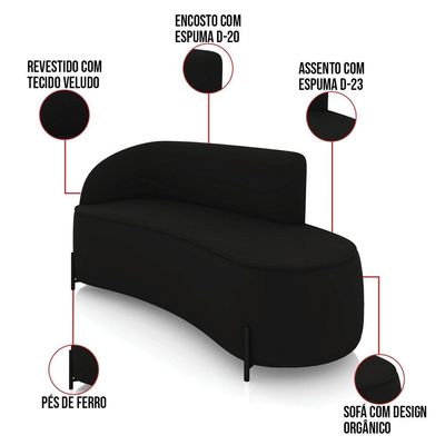 Sofá 3 Lugares Orgânico 180cm Pé Ferro Preto Morgan Veludo Preto D03 - D'rossi