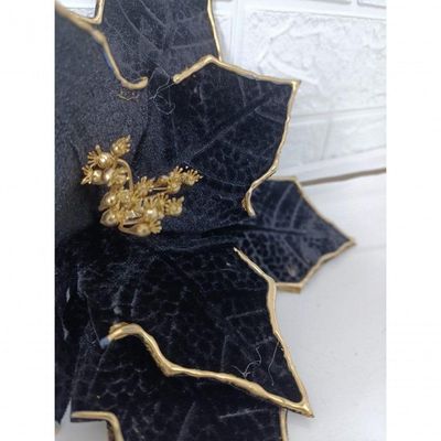 Kit Com 3 Poinsettia Preta Aveludada Com Detalhes Dourados 33cm
