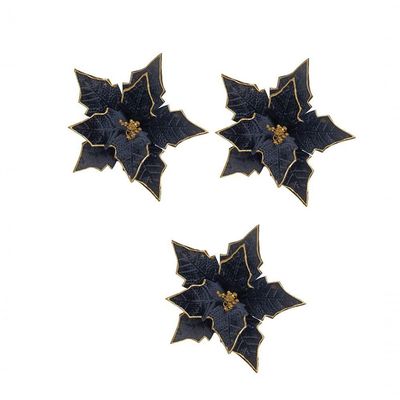 Kit Com 3 Poinsettia Preta Aveludada Com Detalhes Dourados 33cm