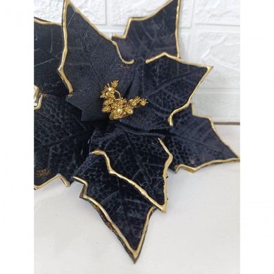 Kit Com 3 Poinsettia Preta Aveludada Com Detalhes Dourados 33cm