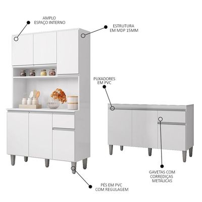 Cozinha Compacta Márcia E Balcão Gabinete Sem Tampo Tatiane 120cm Branco - Ajl Móveis