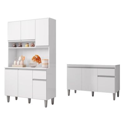 Cozinha Compacta Márcia E Balcão Gabinete Sem Tampo Tatiane 120cm Branco - Ajl Móveis