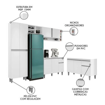 Cozinha Compacta Vanessa E Balcão Gabinete Sem Tampo Tatiane 120cm Branco - Ajl Móveis