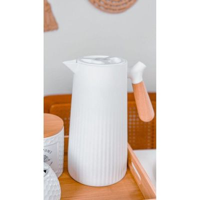 Garrafa Térmica Canelada Com Cabo Em Bambu Branco