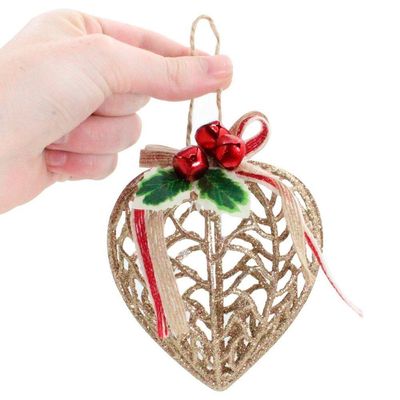 Conjunto 6 Peças Decoração Enfeite Bola Coração árvore Natal Dourada Glitter Natalina 11,5cm